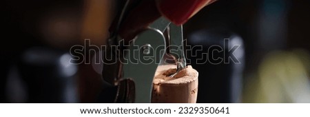 Close-up of woman hands opening bottle of wine with automatic corkscrew. Sommelier or waiter in restaurant. Holiday and party concept Royalty-Free Stock Photo #2329350641