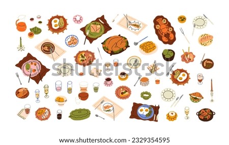Dishes set. Cooked food, breakfast and dinner meals served on plates, trays. Fried eggs, tea, coffee, turkey, croissant, shrimps and lobster. Flat vector illustrations isolated on white background