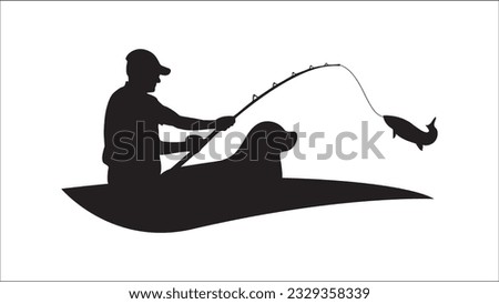 Fisherman with a dog in a boat .clip art black fishing on a white background - vector