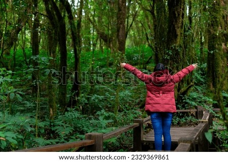 Female photographer taking nature pictures inside the rainforest. travel , Thailand