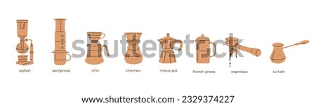 Manual alternative coffee brewing methods and tools hand drawn doodle style icons. Pour over, drip, syphon, moka, v60, aeropress coffee. Vector retro minimalist doodle set isolated illustration. Royalty-Free Stock Photo #2329374227