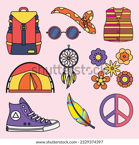 Set of Hippies and Groovy Simple Flat Line Illustration