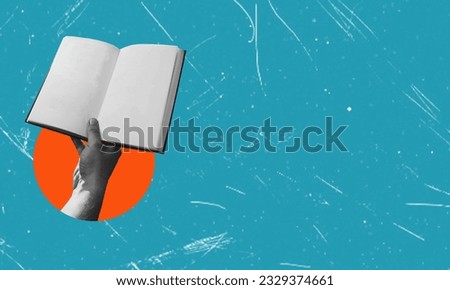 Art collage, hand with book on blue background with copy space. Concept of study and work.