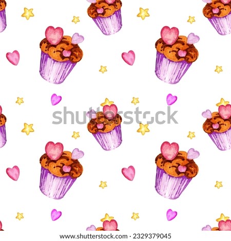 seamless watercolor pattern with heart, candy and cupcakes of Valentine day theme, watercolor hand draw, pink and lilac colour isolated on white background. For birthday, Valentine's Day, mother's day