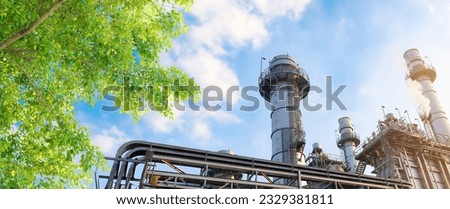 Green Industry. Eco Power Plant. Petrochemical Industrial Factory saving environment ozone low carbon footprint wide for banner. Royalty-Free Stock Photo #2329381811