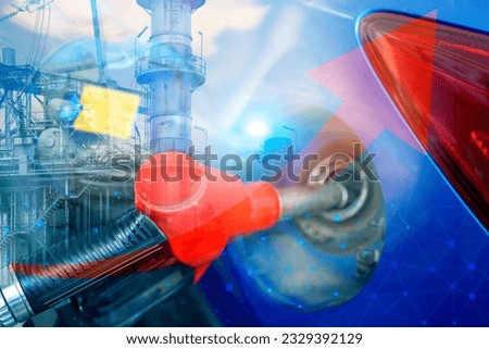Car fueling at gas station. Refuel fill up with petrol gasoline. Blur industrial gas storage tank and petroleum refinery plant. Petrol industry and service. Petrol price and oil crisis concept.