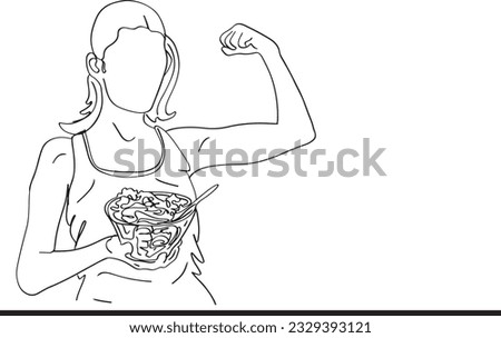 Nutritious Lifestyle: Cartoon Illustration of Super Fit Young Woman Holding Salad Pot in Continuous Outline Sketch, Healthy Eating Habits, Wellness and Vitality, Balanced Diet