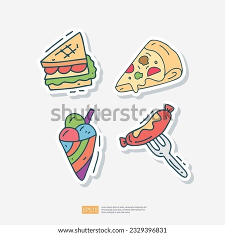toast sandwich, pizza slice, cone ice cream, fork sausage doodle icon. Fast food Cute doodle. Cuisine and drink Sticker Set Vector Illustration