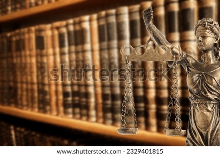 Law and wisdom. Statue of Lady Justice near shelves with books, space for text