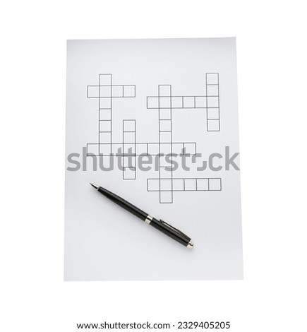 Blank crossword and pen on white background, top view Royalty-Free Stock Photo #2329405205