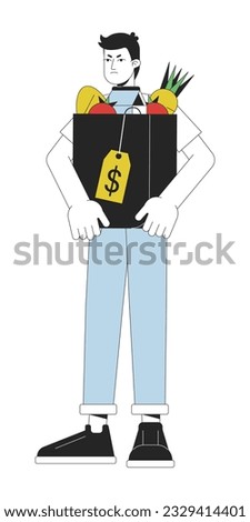 Unhappy man hold bag with purchases flat line color vector character. Editable outline full body busy person with goods on white. Simple cartoon spot illustration for web graphic design