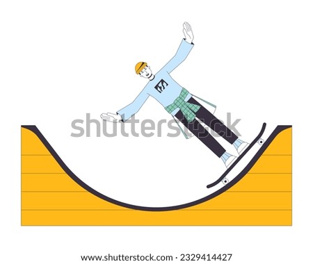 Excited man on skateboard flat line color vector character. Extreme sport. Editable outline full body skater have fun with skateboard on white. Simple cartoon spot illustration for web graphic design