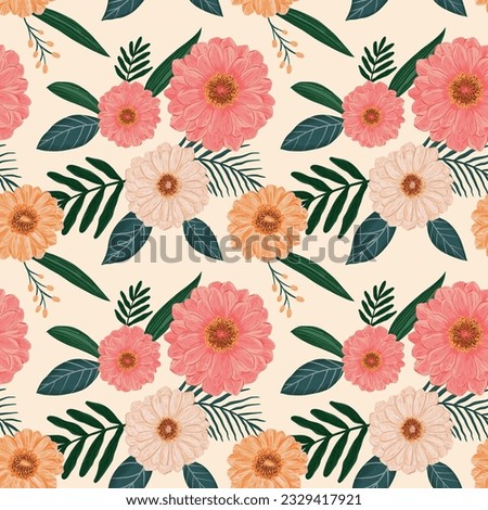 Hand drawn zinnias and leaves floral seamless pattern