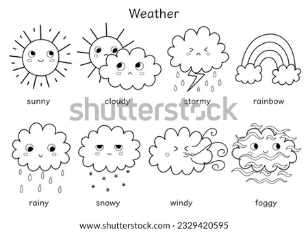 Cute weather characters black and white set for kids. Funny sun, clouds, rainbow clipart collection in outline for coloring book. Vector illustration Royalty-Free Stock Photo #2329420595