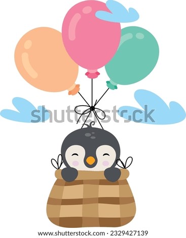 Cute penguin flying in basket with balloons

