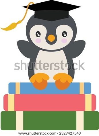 Cute penguin with graduation cap sitting on top of books

