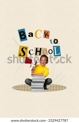 Vertical collage image of funny cheerful kid hold loudspeaker toa pile stack book back to school poster isolated on creative background