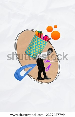 Vertical collage of cheerful mini black white colors boy hold big pen case protractor scissors isolated on creative paper background