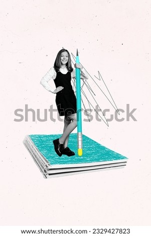 Vertical collage picture of positive mini black white effect girl stand pile stack notebook hold big pencil isolated on creative background