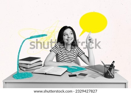 Collage portrait of positive black white colors girl desk book supply laptop lamp point finger empty space dialogue mind bubble