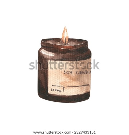 Watercolor soy candle clipart. Flame illustration. Cozy autumn clip art.