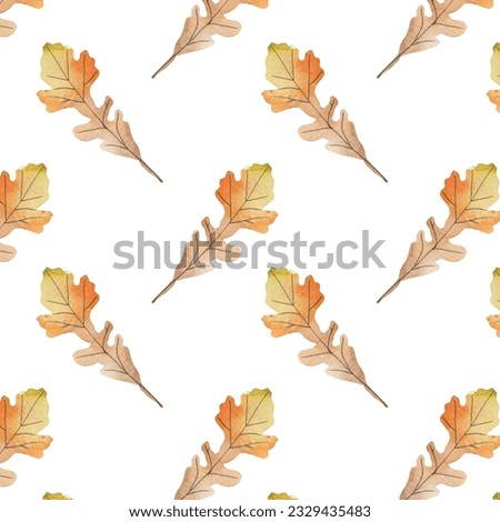 Watercolor hand drawn seamless pattern with red orange yellow fall autumn leaves, maple oak vine leaf. October september thanksgiving background with leaves.