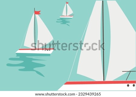 Sail boats on sea. Cute boats with sails on a blue isolated background. Sailboat and water waves. Vector illustration in a flat style. suitable for cards designs children books storybooks and posters  Royalty-Free Stock Photo #2329439265