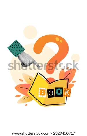 Creative picture collage of finger pointing open book literature huge value information confusion find answers isolated on white background