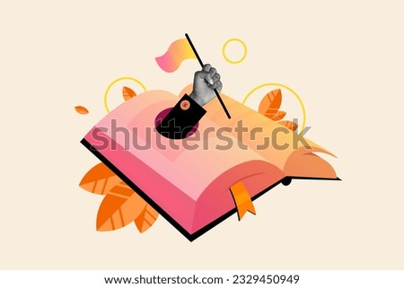 Collage metaphor picture illustration hand hold flag inside book literature finish finally done reading isolated on beige color background