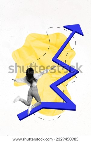 Poster picture collage banner of excited happy girl up rejoice professional growth skill progress isolated on drawing background