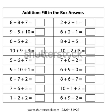 Numbers Addition. Basic kid  Math chart for addition operations in school education. isolated on white background. Vector graphic illustration.