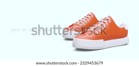 Commercial template for shoe store. Pair of 3D orange sneakers. Modern sports shoes with comfortable sole. Banner with place for promotional text, offers Royalty-Free Stock Photo #2329453679