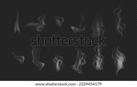 Candle smoke, vapor or mist from blowing out flames from wick. Vector realistic smoky cloud or gaze effects, small puff or fume swirls, isolated on transparent background