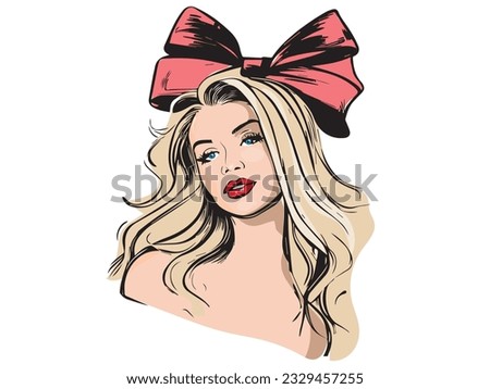 Beautiful girl with bow on her head. Fashion girl. Stylish blond hair woman. Vector illustration. Royalty-Free Stock Photo #2329457255