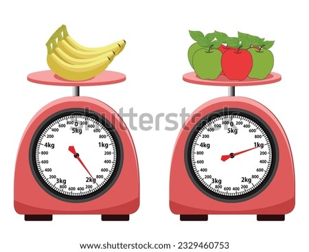 Analog scale Banana and apple. weight scale. isolated on white background. simple kitchen scale. vector illustration. measuring Analog scale clip art.