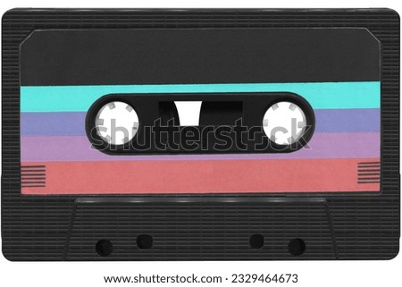Black audio cassette with a colored label. High resolution isolated on white background