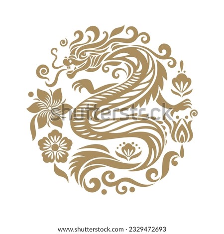 Chinese Happy New Year 2024. Year of the Dragon. Symbol of New Year. Golden Dragon in circle