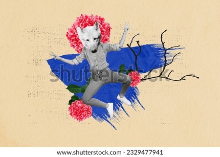 Collage picture of black white colors person dog head jumping demonstrate v-sign fresh flower isolated on drawing beige background