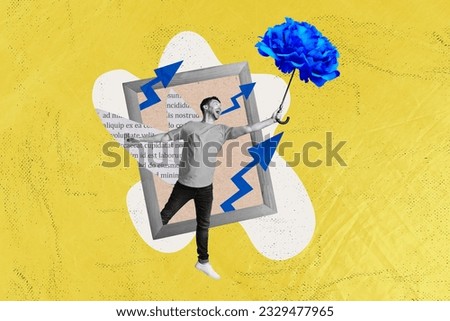 Artwork collage picture of mini black white colors guy inside wooden photo frame hold flower umbrella book page text arrow pointers