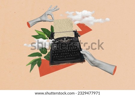 Collage creative picture of hands holding mechanical retro keyboard journalist typewriter antique document isolated on beige background