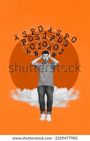 Photo collage picture of shocked guy closed ears having many thoughts isolated orange color background
