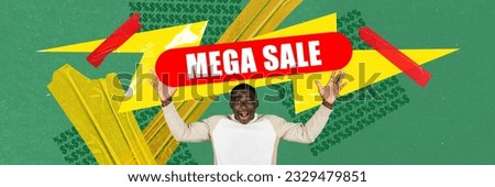 Contemporary art collage. Excited emotional young man feeling happy about big saes season. Creative design. Concept of shopping, sales, Black Friday, creativity. Banner, ad