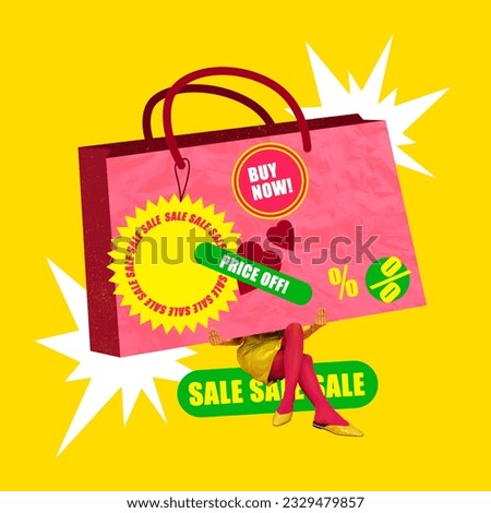 Contemporary art collage. Young woman in colorful clothes holding giant shopping bag. Good shopping, big sales season. Bright design. Concept of shopping, sales, Black Friday, creativity. Banner, ad