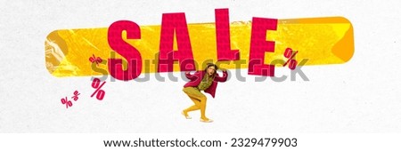 Contemporary art collage. Young woman emotionally showing information about big sales, price reduction. Creative design. Concept of shopping, sales, Black Friday, creativity. Banner, ad Royalty-Free Stock Photo #2329479903