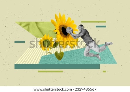 Composite collage image of mini black white effect guy jumping hands hold basketball big sunflower isolated on drawing background