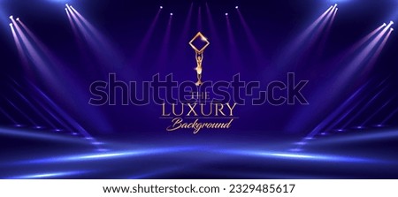Blue Purple Golden Stage Spotlights Awards Graphics Background Celebration. Red Carpet Entry Show. Entertainment Hollywood Bollywood Template Design. Awards Background Theater Drama Steps Floor.  Royalty-Free Stock Photo #2329485617