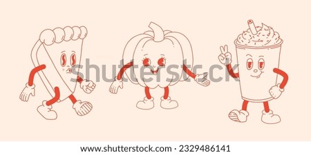 Funny Retro Fall greeting card with retro cartoon Pumpkin Character in groovy 70s Vintage Style. Happy Autumn Illustration with pumpkin spice latte and pumpkin pie. Contour vector illustration. Royalty-Free Stock Photo #2329486141