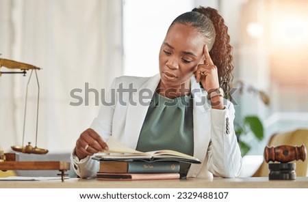 Stress, reading and woman lawyer with analysis on case with reading in a office. Business proposal, professional and law firm with a African female worker with attorney books and research for report Royalty-Free Stock Photo #2329488107
