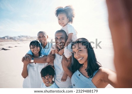 Selfie, beach and portrait of parents and children on holiday, quality time and vacation in nature. Big family, travel and grandparents with mom, dad and kids by ocean for picture, memories and fun