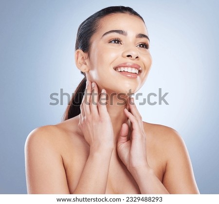 Smile, skincare and hands on face of woman in studio for wellness, glowing skin or cosmetic satisfaction on grey background. Beauty, soft and asian lady model happy with dermatology, luxury or result